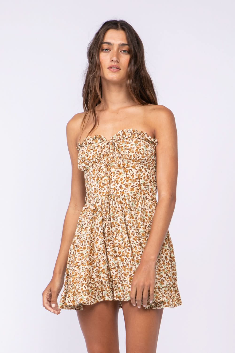 Garden Charm Brown Floral Print Strapless Dress