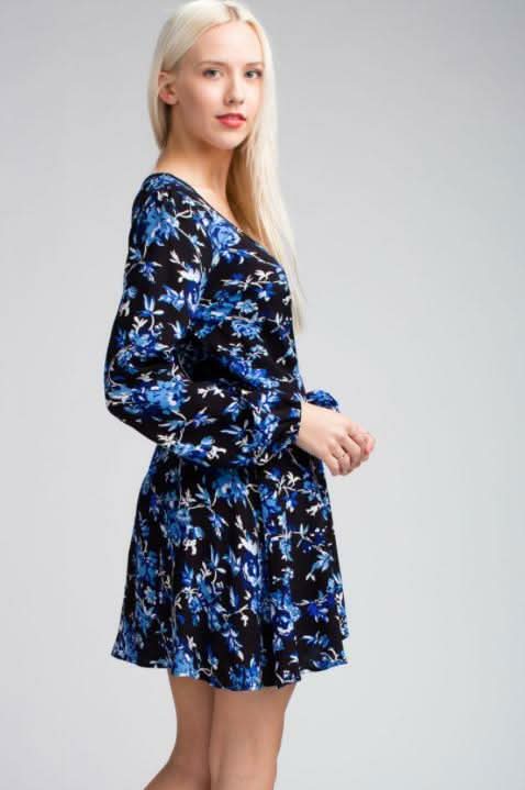 Middleton Black and Blue Floral Long Sleeve  Wrap Dress