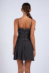 Audrey Black Polka Dot Ribbon Trim Mini Dress