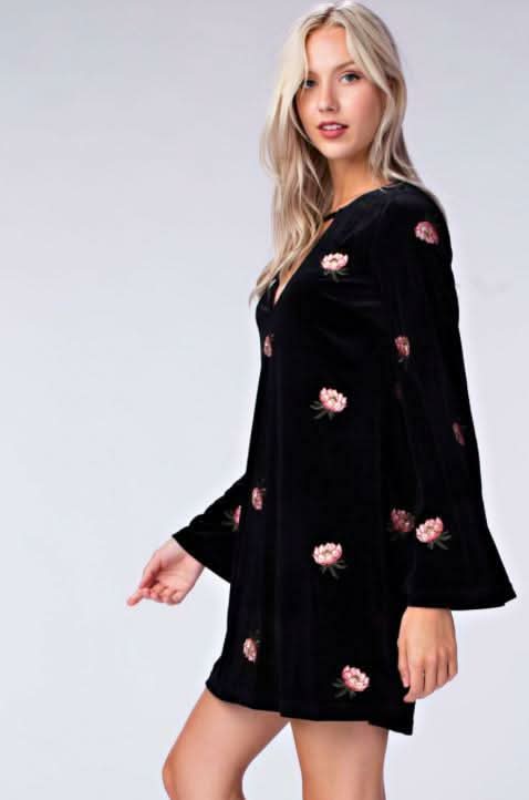 Midnight Reveries Black Floral Velvet Shift Dress