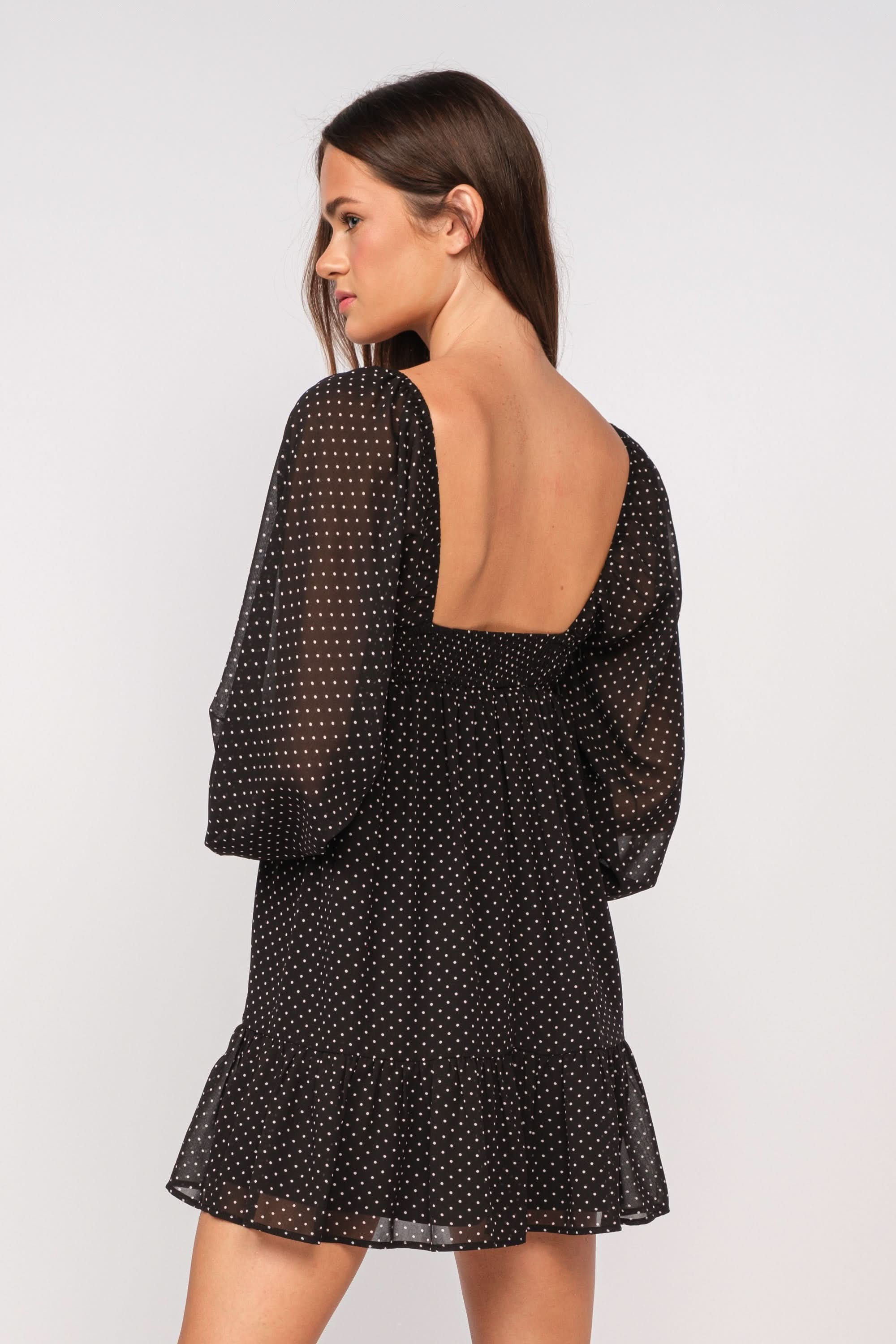 Trish Black Dot Long Sleeve Babydoll Mini Dress