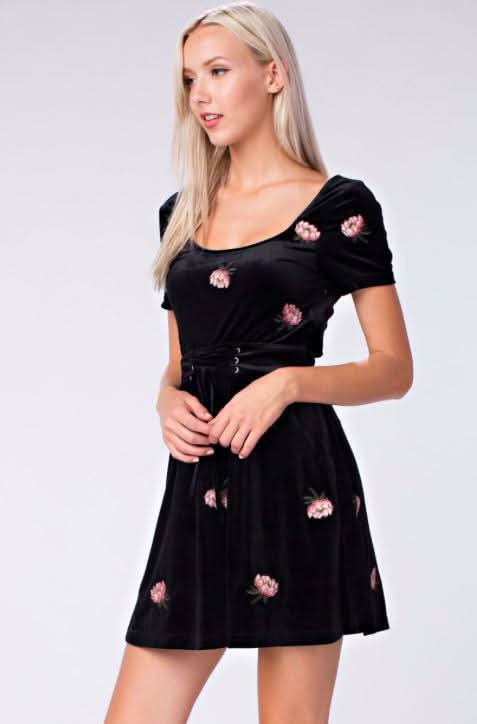 Midnight Reveries Black Floral Velvet Short Sleeve Corset Dress