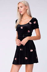 Midnight Reveries Black Floral Velvet Short Sleeve Corset Dress