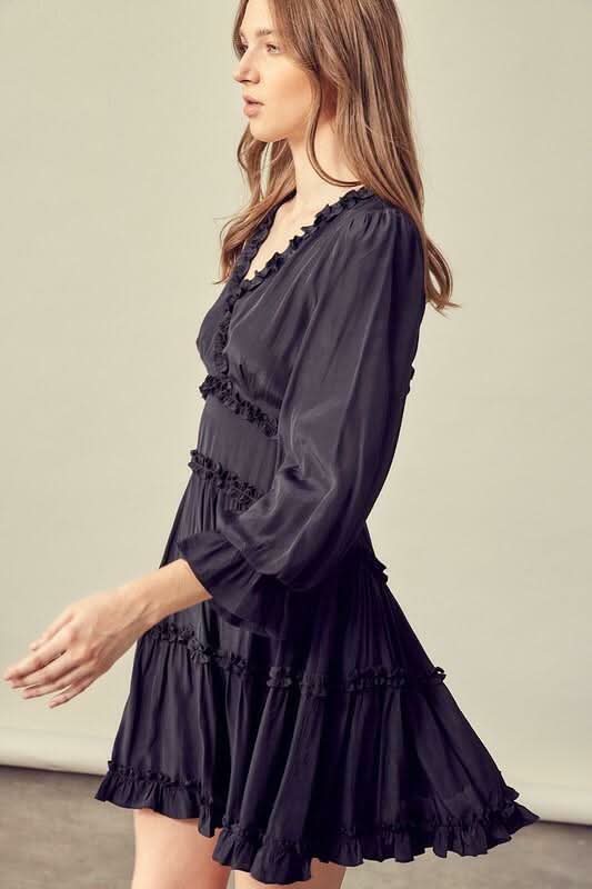 Adele Black Long Sleeve Ruffle Mini Dress