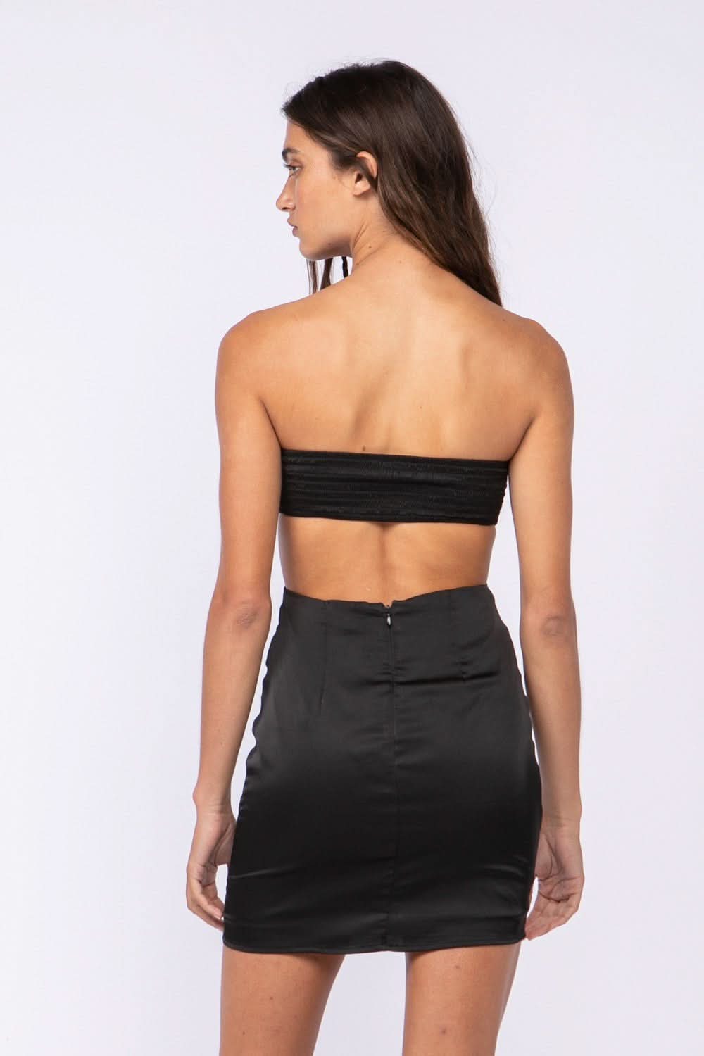 Miss Me Black Satin Strapless Cutout Mini Dress