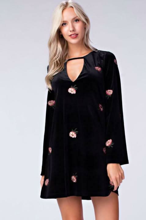 Midnight Reveries Black Floral Velvet Shift Dress