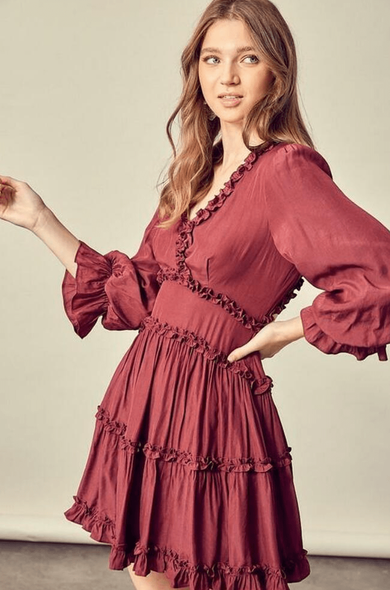Adele Wine Long Sleeve Ruffle Mini Dress