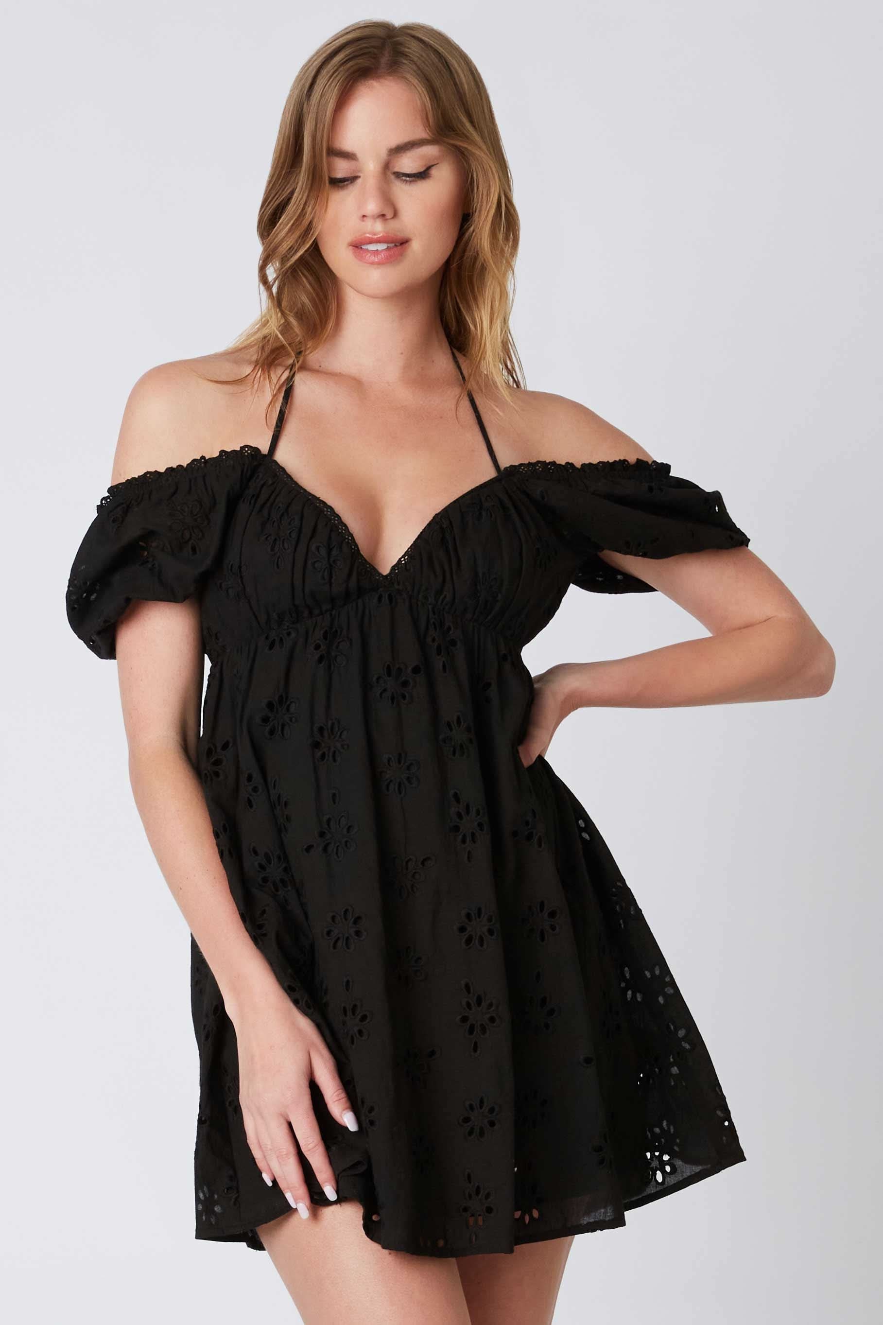 Dana Black Eyelet Off Shoulder Mini Dress
