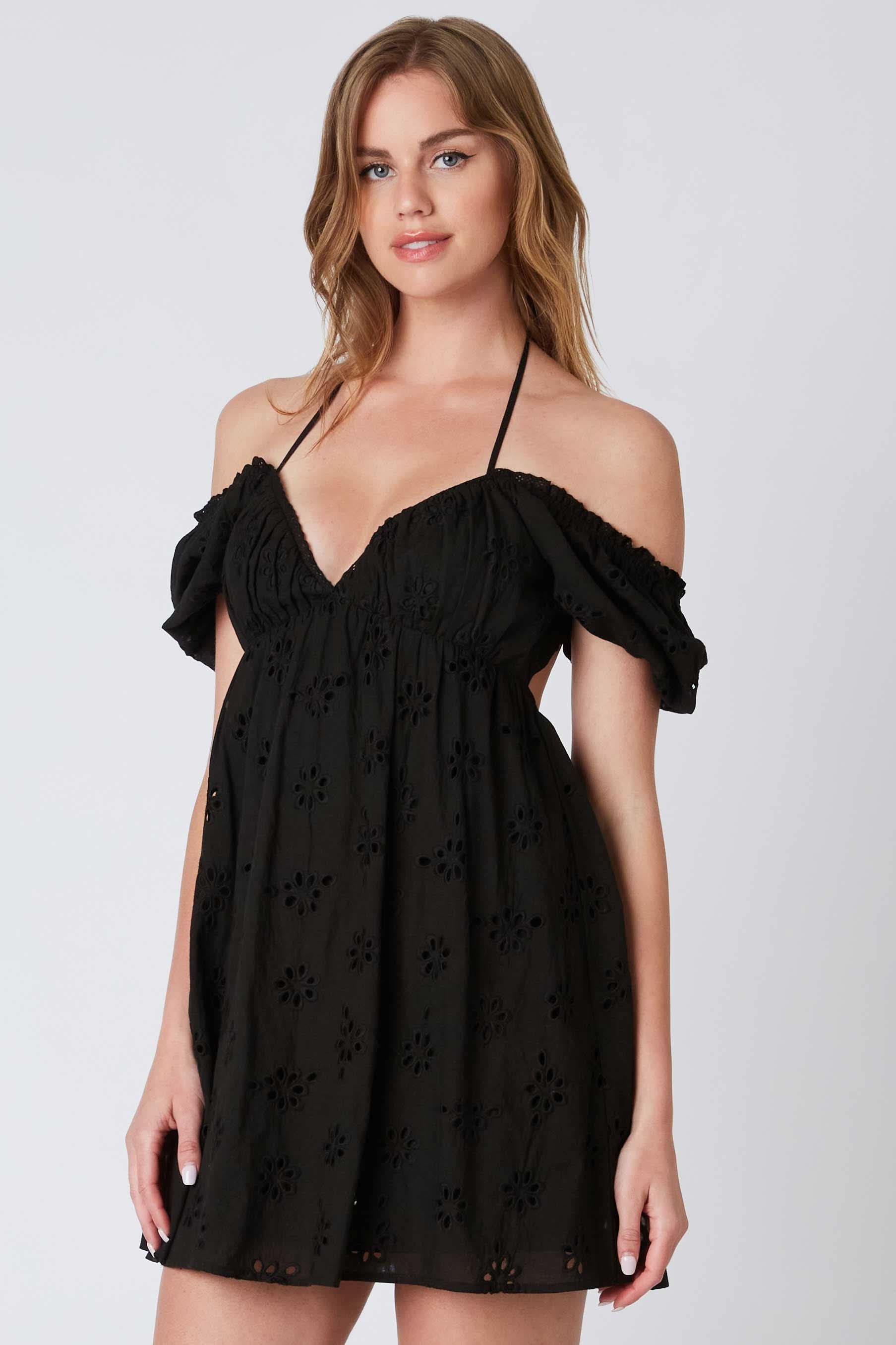 Dana Black Eyelet Off Shoulder Mini Dress