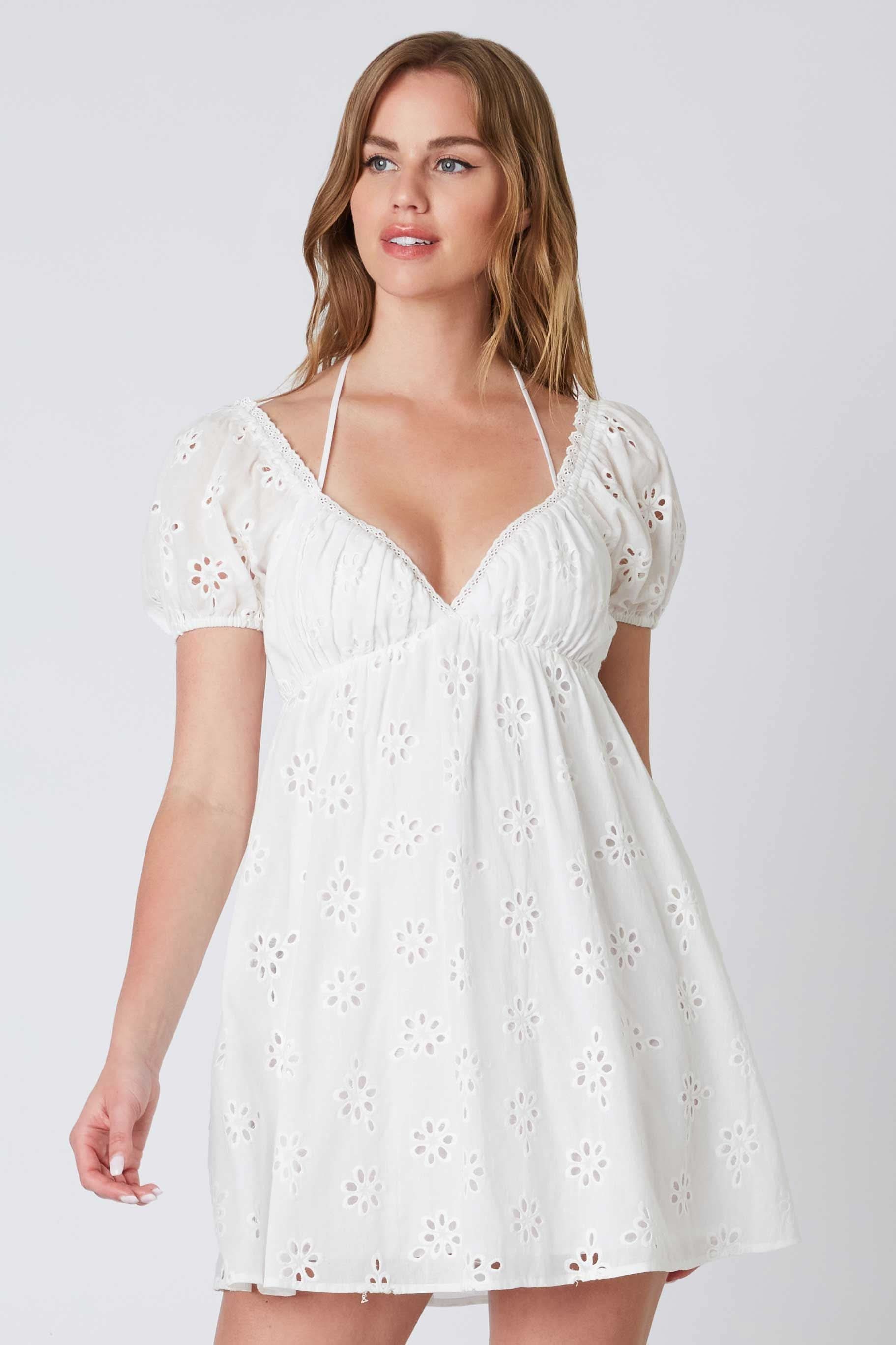 Dana White Eyelet Off Shoulder Halter Dress