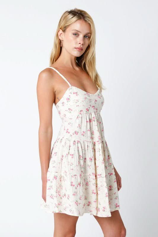 Promenade Cream and Pink Floral Tiered Mini Dress