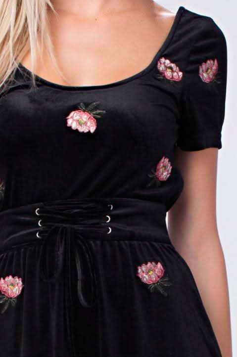 Midnight Reveries Black Floral Velvet Short Sleeve Corset Dress