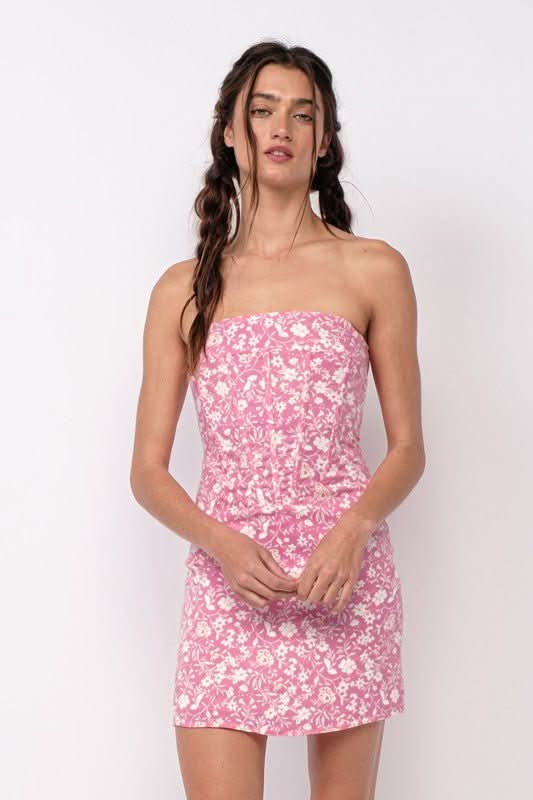 Reagan Pink Floral Strapless Corset Dress