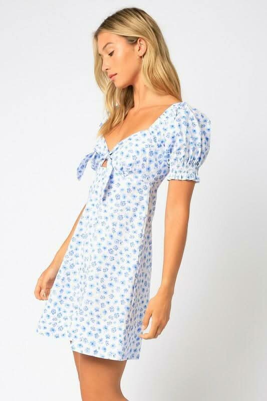 Darling Bloom White and Blue Floral Puff Sleeve Mini Dress