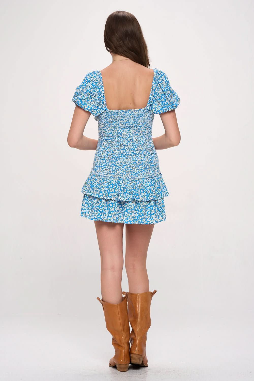 Mimi Blue Floral Puff Sleeve Mini Dress