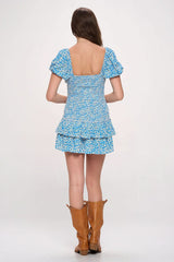 Mimi Blue Floral Puff Sleeve Mini Dress