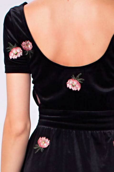 Midnight Reveries Black Floral Velvet Short Sleeve Corset Dress