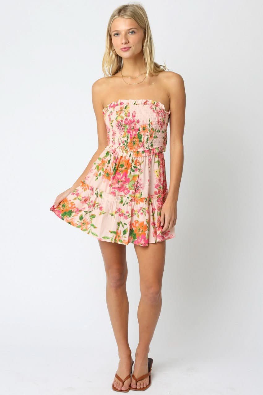 Fresia Pink Floral Strapless Dress