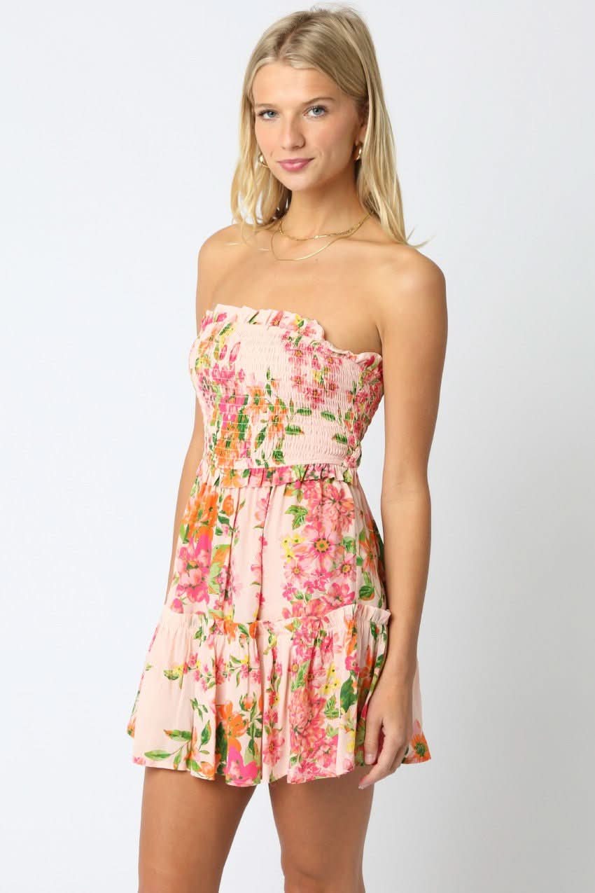 Fresia Pink Floral Strapless Dress