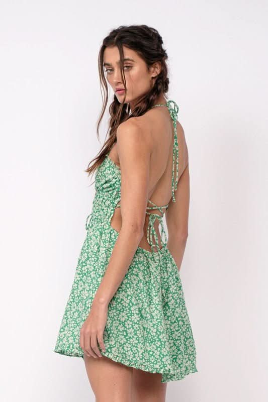 Kristen Green Floral Halter Mini Dress