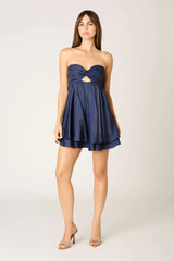 Hayden Navy Satin Strapless Babydoll Dress