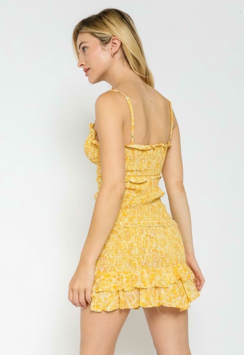 Rhea Yellow Snake Print Smocked Ruffle Mini Dress