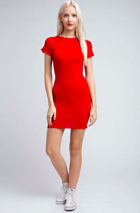 Jenna Red Knit Lettuce Hem Dress