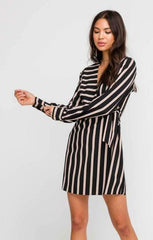 Joanna Black and Taupe Stripe Wrap Dress
