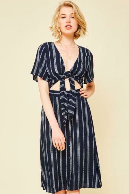 Maddy Navy Striped Print Tie-Front Cutout Dress