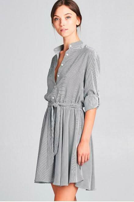 Emily Black and White Striped Skater Shirt Dress