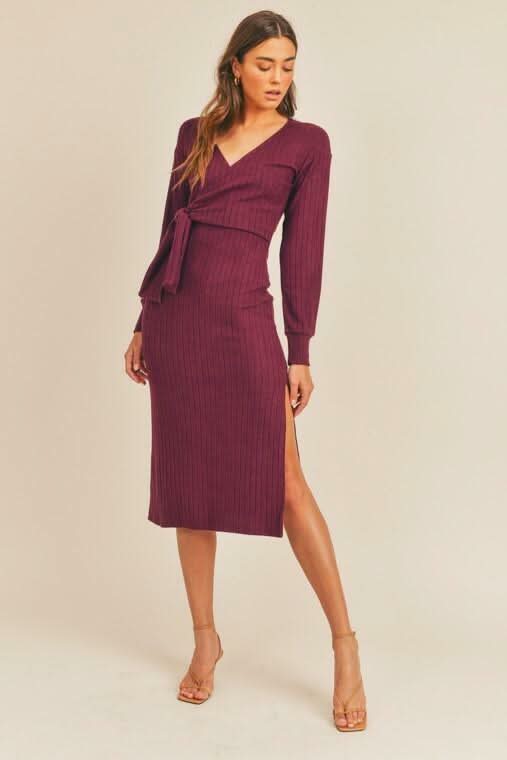 Lush Full Potential Ruby Red Wrap Long Sleeve Midi Dress