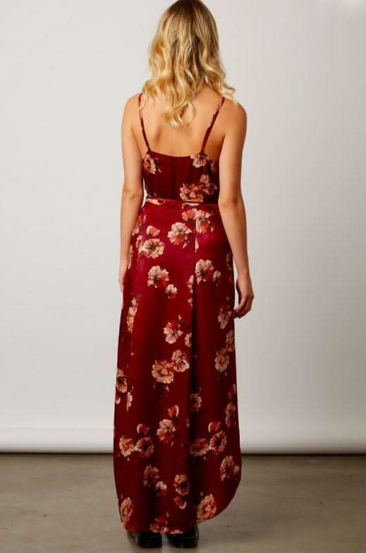 Heidi Wine Satin Floral Wrap Dress