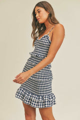 Lily Navy Blue Gingham Smocked Ruffle Mini Dress