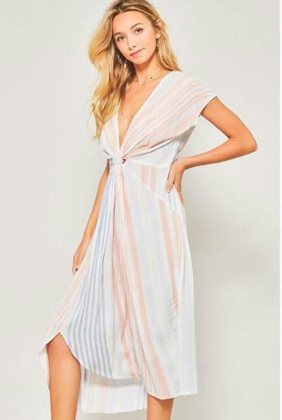 By The Sea Blue Striped Knotted Midi Dress