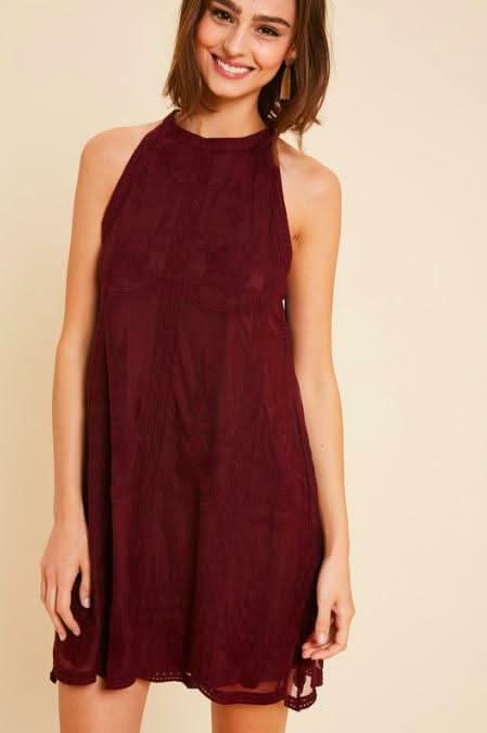 Donna Burgundy Lace Halter Swing Dress