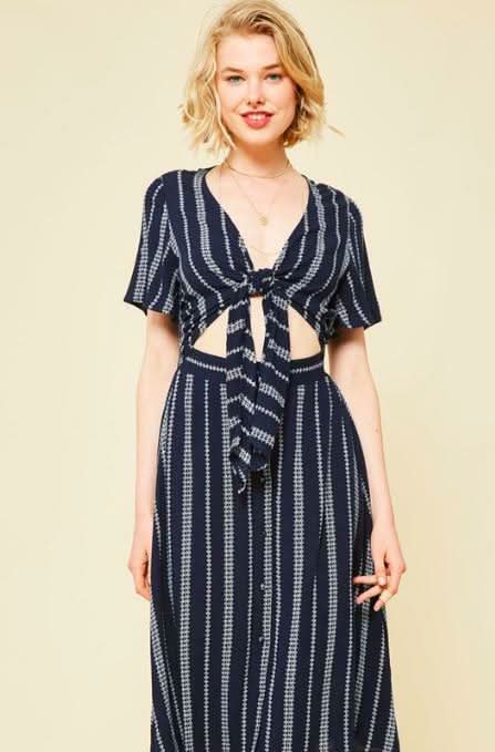 Maddy Navy Striped Print Tie-Front Cutout Dress