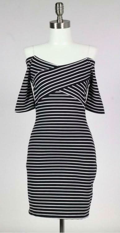 Movin' On Baby Off-The-Shoulder Striped Bodycon Dress