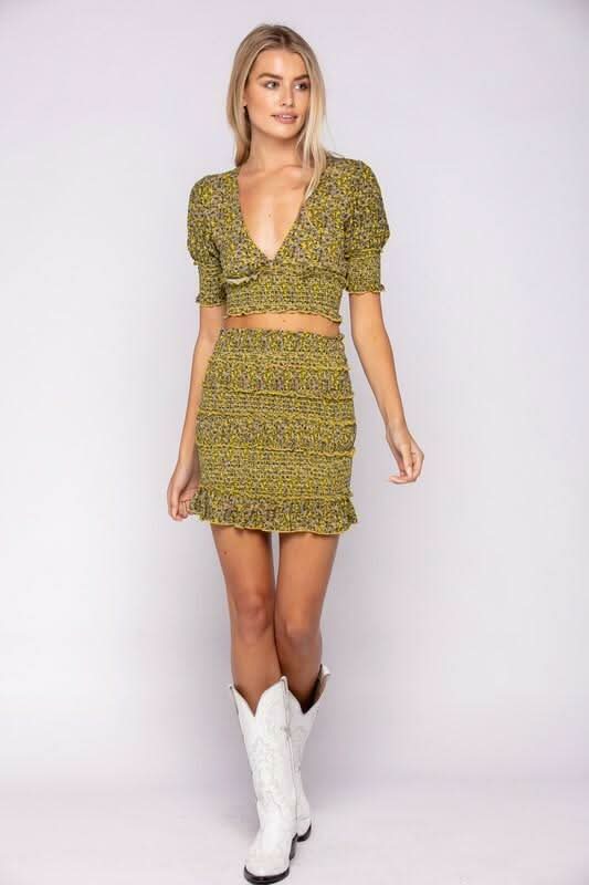 Julia Lemongrass Floral Print Smocked Two-Piece Mini Dress
