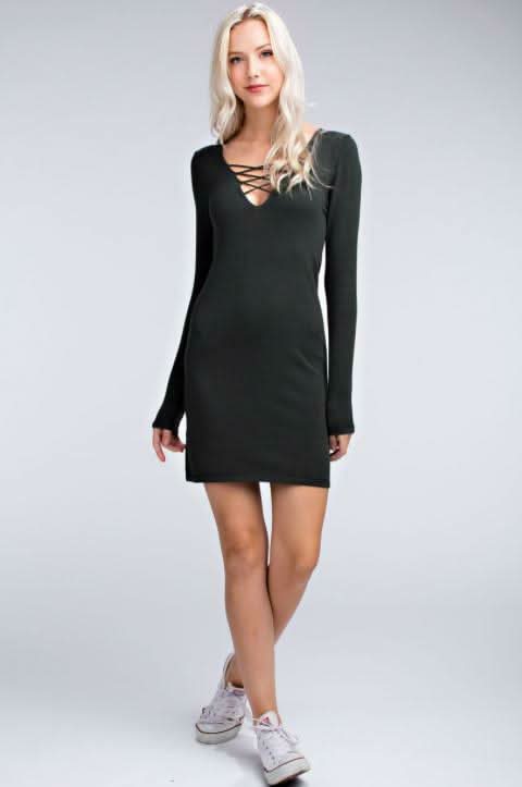 Here and Now Olive Long Sleeve Bodycon Sweater Dress