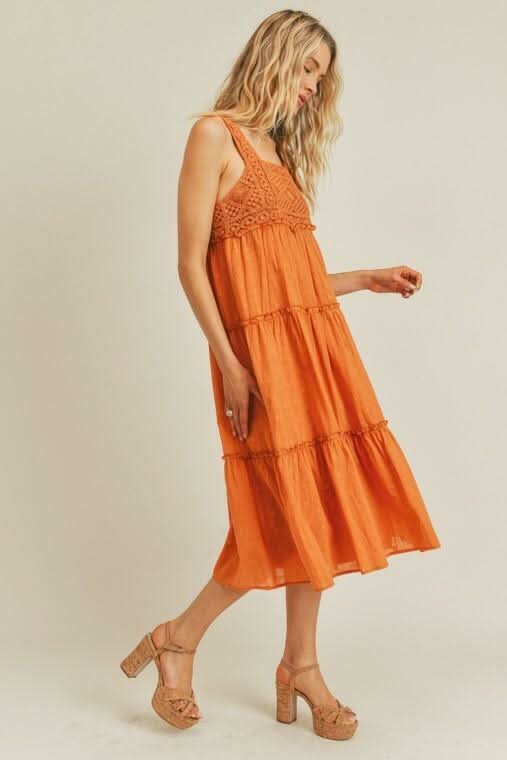 Lush Savanna Orange Rust Crochet Midi Dress