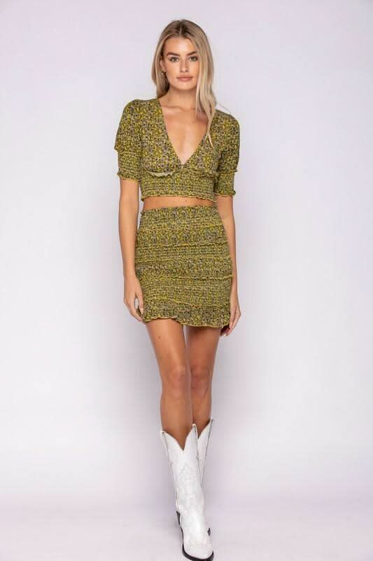 Julia Lemongrass Floral Print Smocked Two-Piece Mini Dress