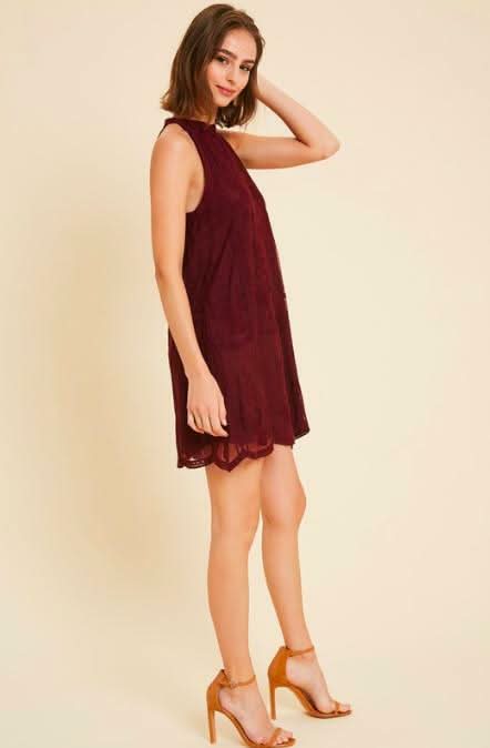 Donna Burgundy Lace Halter Swing Dress