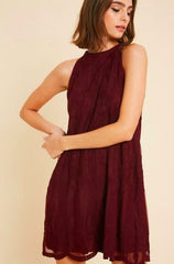 Donna Burgundy Lace Halter Swing Dress