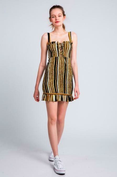 Ciao Bella Black and Gold Striped Smocked Mini Dress