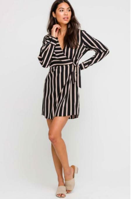 Joanna Black and Taupe Stripe Wrap Dress