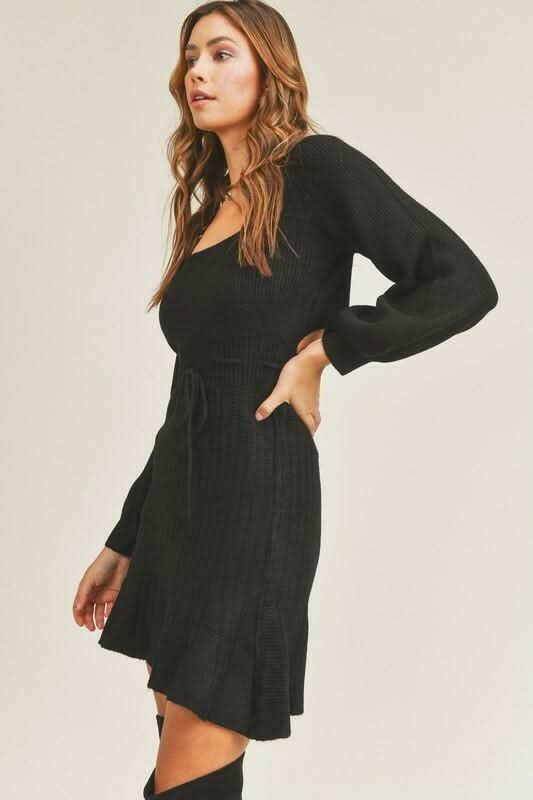 Mari Black Puff Sleeve Sweater Dress