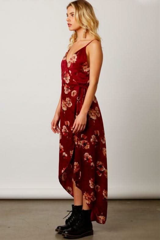 Heidi Wine Satin Floral Wrap Dress