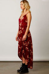 Heidi Wine Satin Floral Wrap Dress