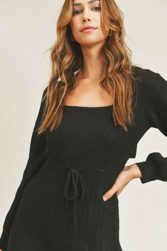 Mari Black Puff Sleeve Sweater Dress