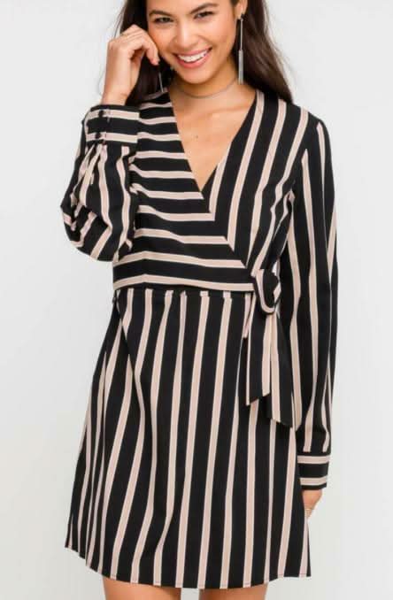 Joanna Black and Taupe Stripe Wrap Dress
